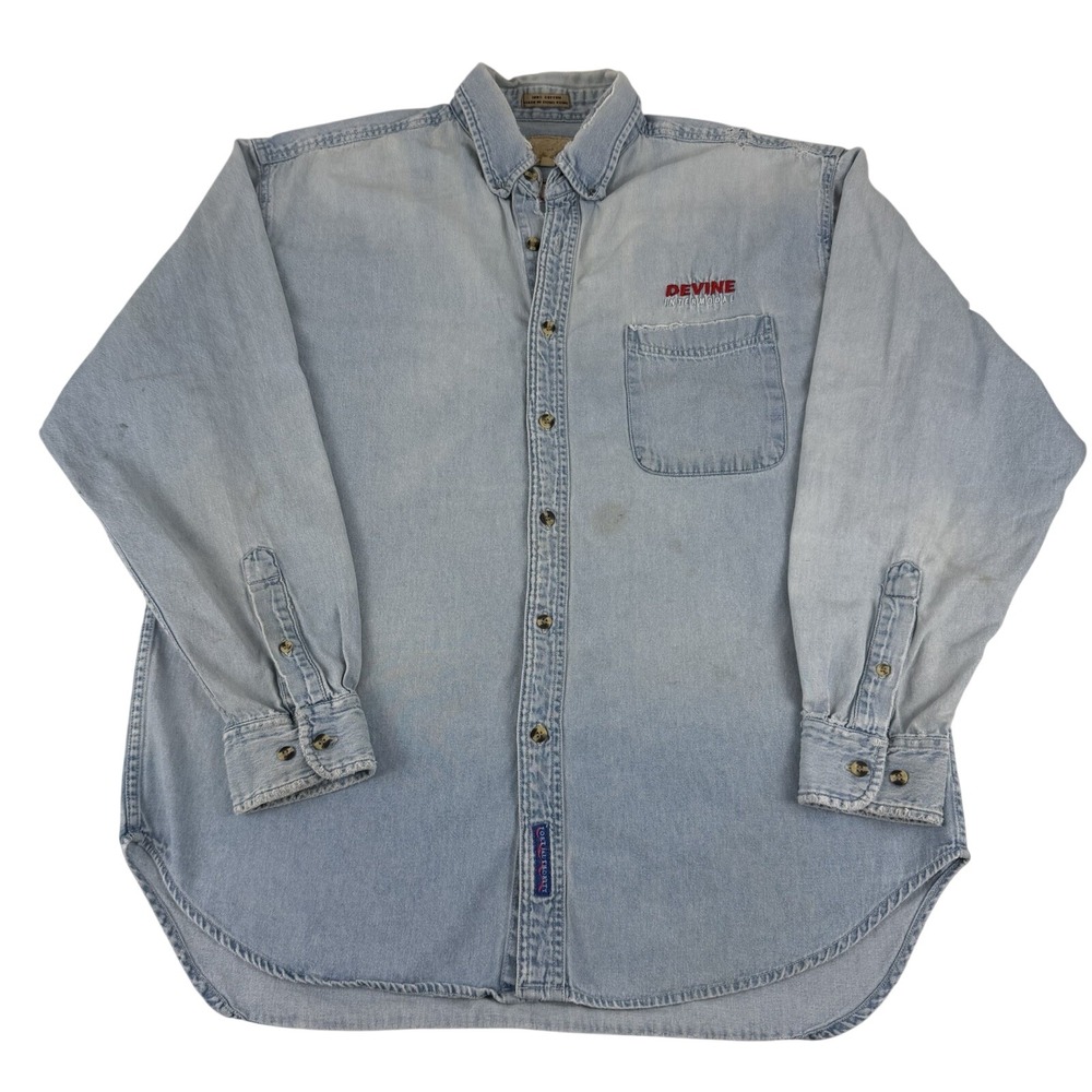 Vintage Y2K Port Authority Men's Denim‎ Button Up Long Sleeve Shirt Size Large